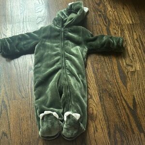 Green Plush Baby Onesie with Dinosaur Feet